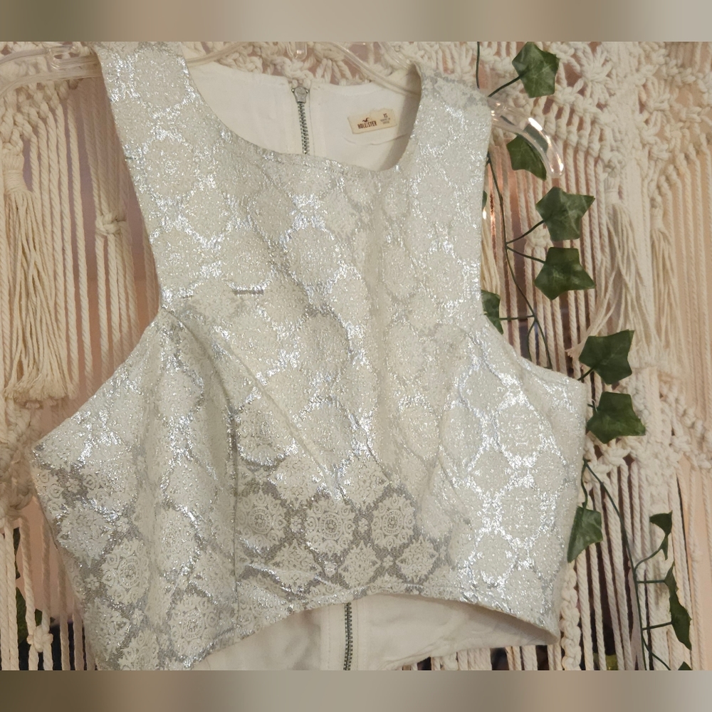 White & Metallic Silver Crop Top by Hollister